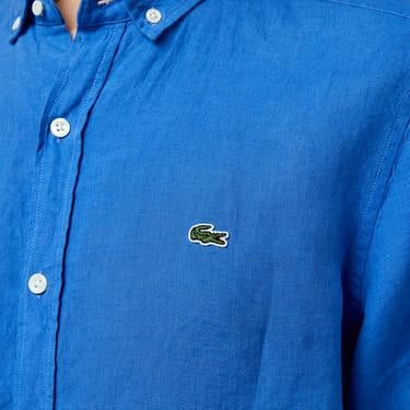  Erkek Regular Fit Düğmeli Yaka Keten Mavi Gömlek