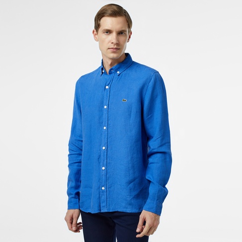 Erkek Regular Fit Düğmeli Yaka Keten Mavi Gömlek