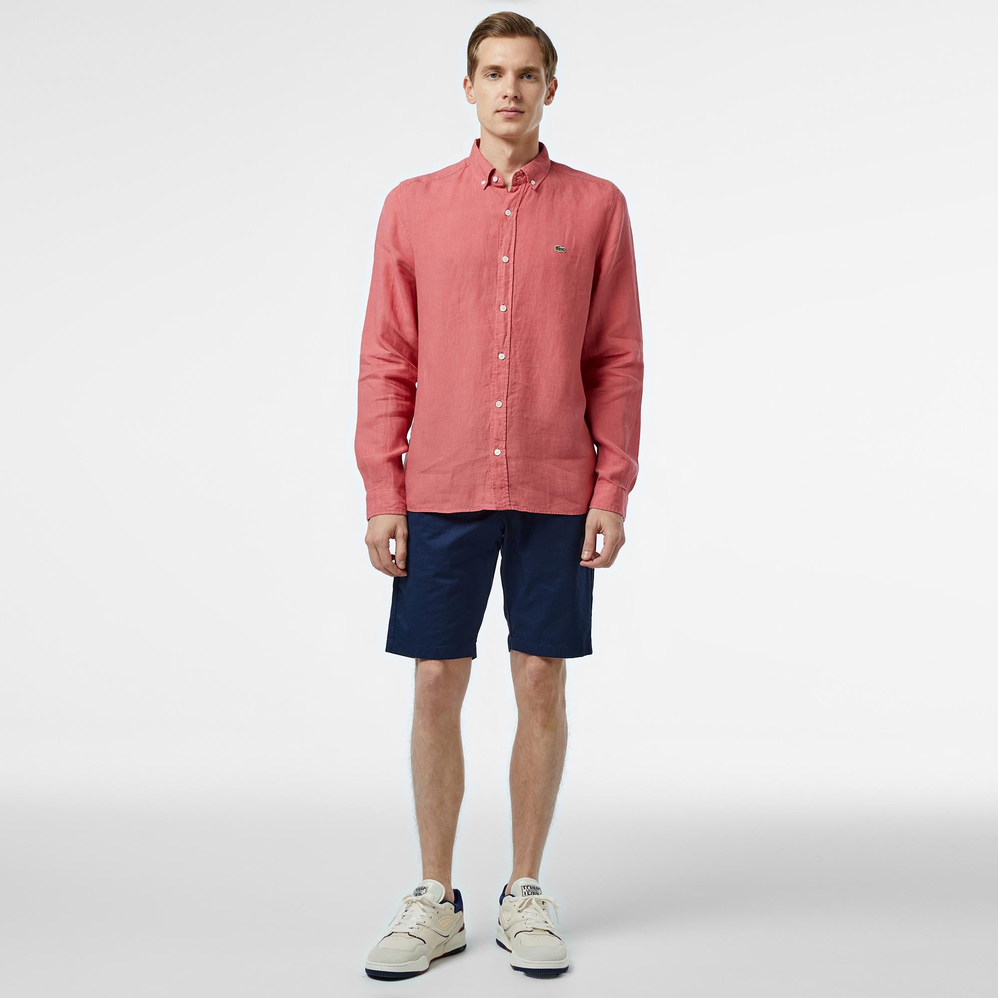 Lacoste Erkek Regular Fit Düğmeli Yaka Keten Pembe Gömlek