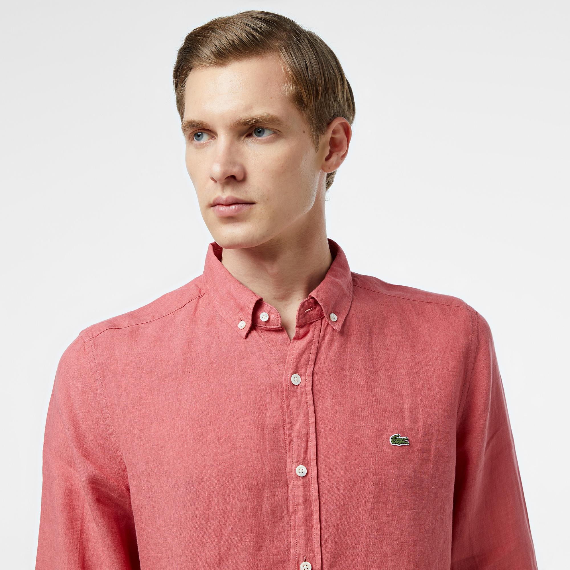 Lacoste Erkek Regular Fit Düğmeli Yaka Keten Pembe Gömlek