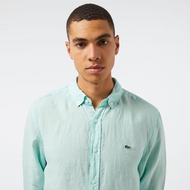  Erkek Regular Fit Düğmeli Yaka Keten Yeşil Gömlek