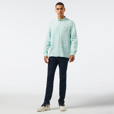  Erkek Regular Fit Düğmeli Yaka Keten Yeşil Gömlek
