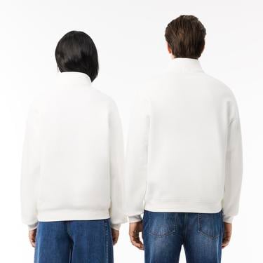  Unisex Loose Fit Yarım Fermuarlı Beyaz Organik Pamuk Sweatshirt