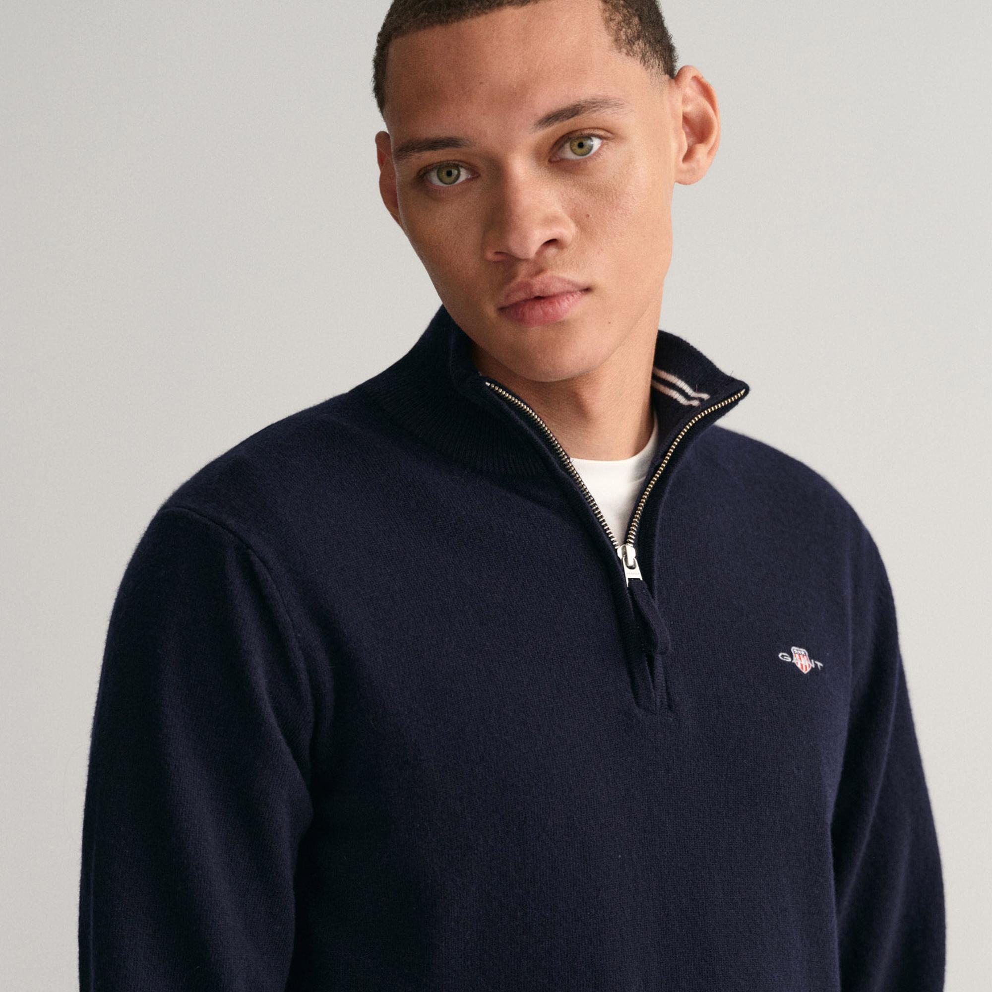 GANT Erkek Lacivert Regular Fit Yarım Fermuarlı Yün Kazak