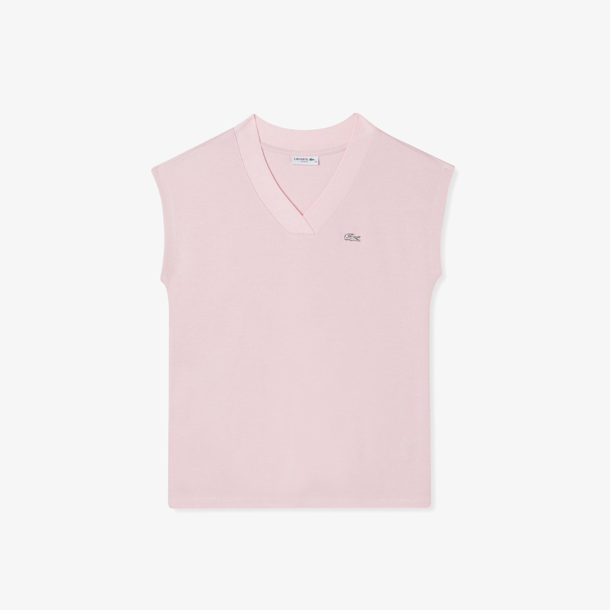 Lacoste Kadın Slim Fit V Yaka Açık Pembe T-Shirt