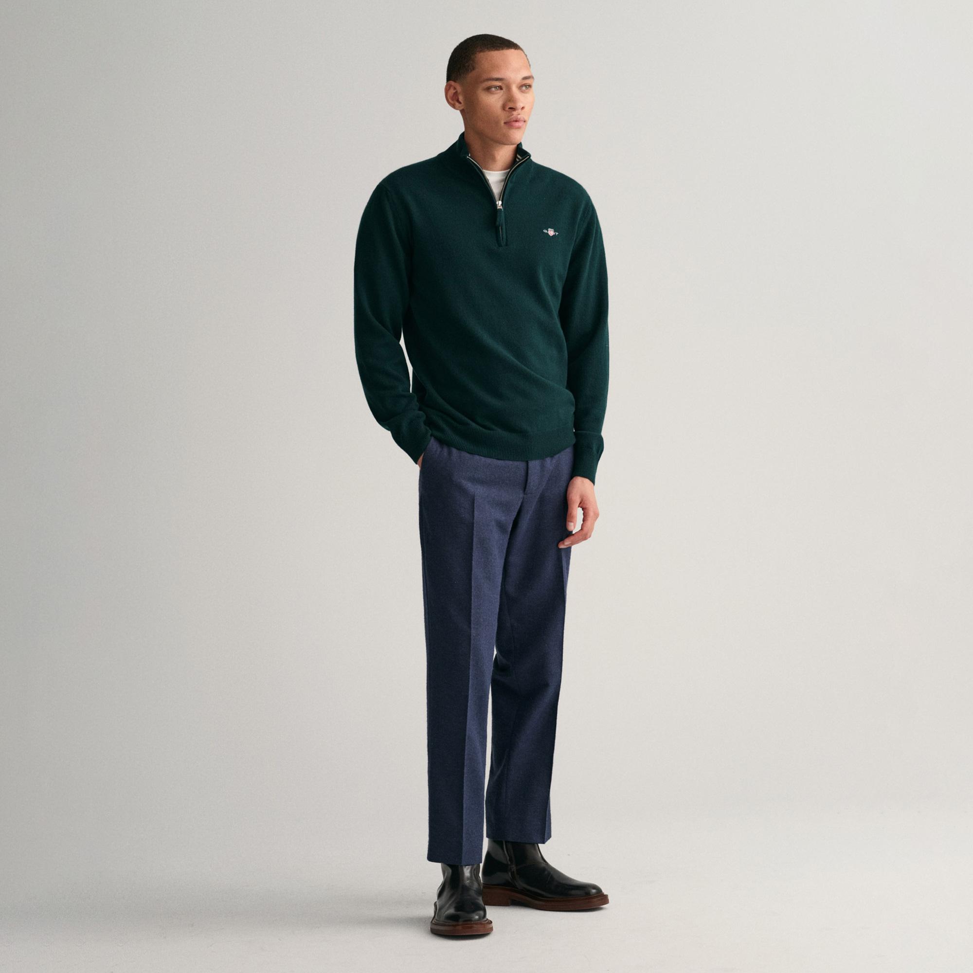 Gant Erkek Yeşil Regular Fit Yarım Fermuarlı Yün Kazak