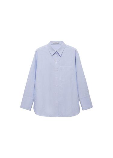  Mango Kadın Çizgili Pamuklu Gömlek Gök Mavisi