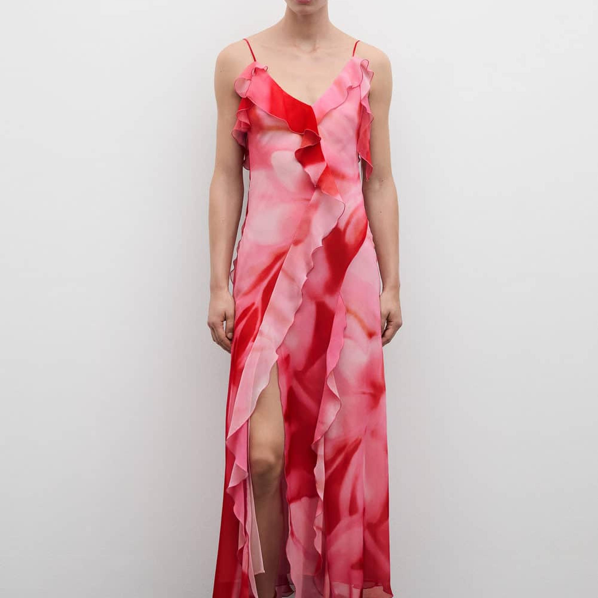 Mango Kadın Yırtmaçlı Fırfırlı Elbise Pembe