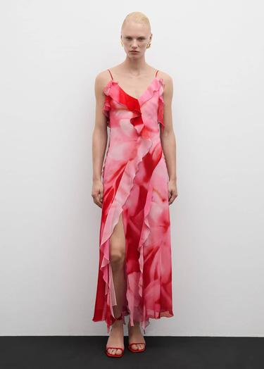  Mango Kadın Yırtmaçlı Fırfırlı Elbise Pembe