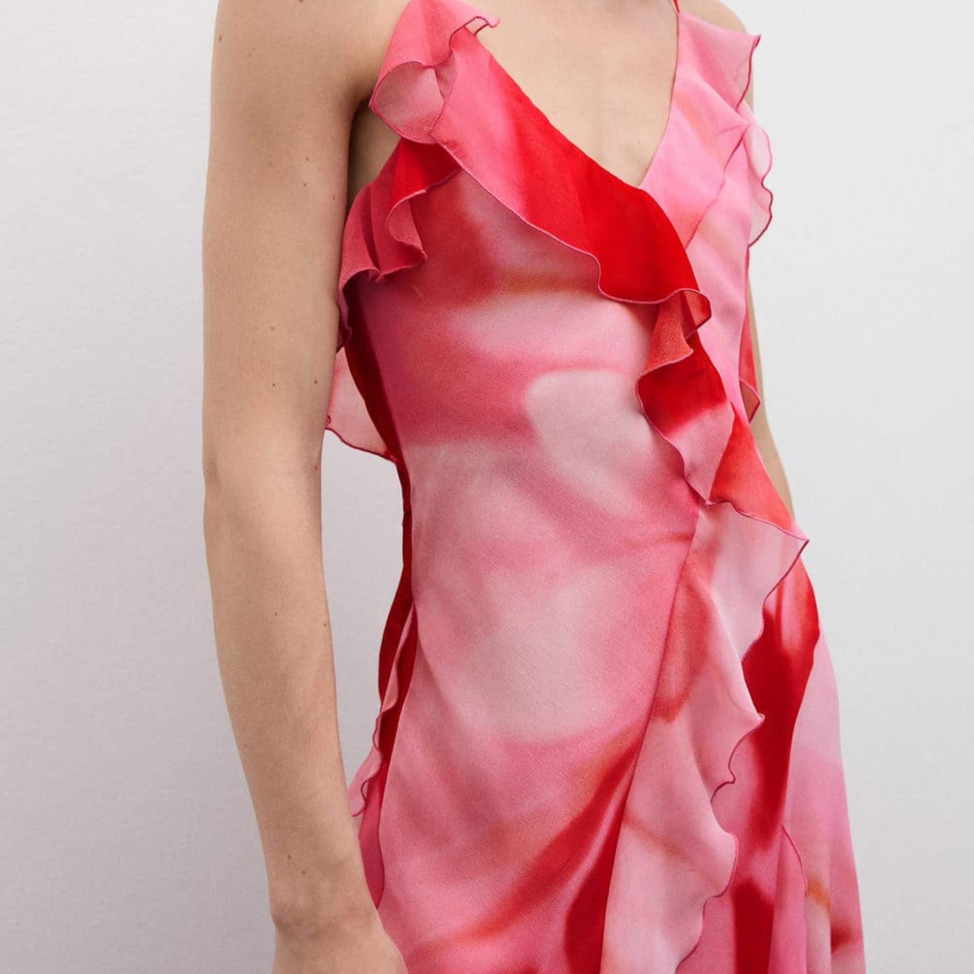 Mango Kadın Yırtmaçlı Fırfırlı Elbise Pembe