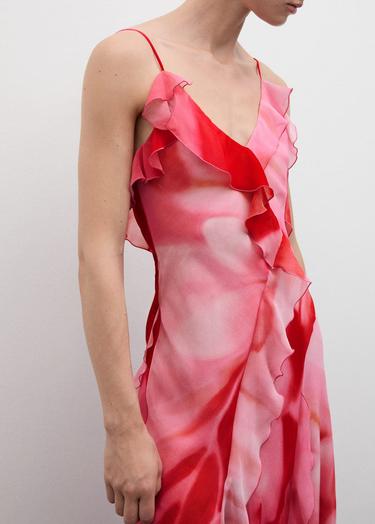  Mango Kadın Yırtmaçlı Fırfırlı Elbise Pembe