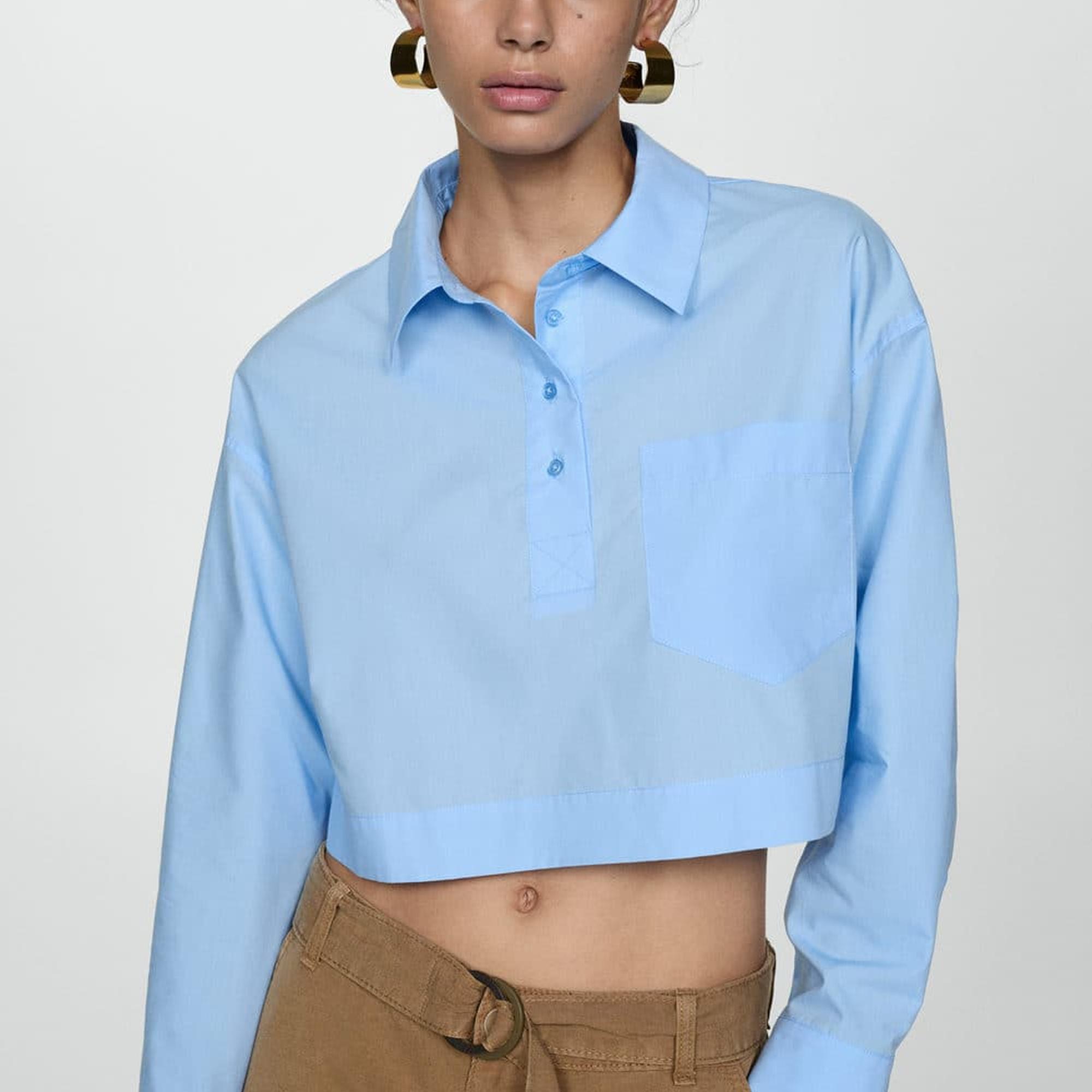 Mango Kadın Polo Yaka Kısa Gömlek Gök Mavisi