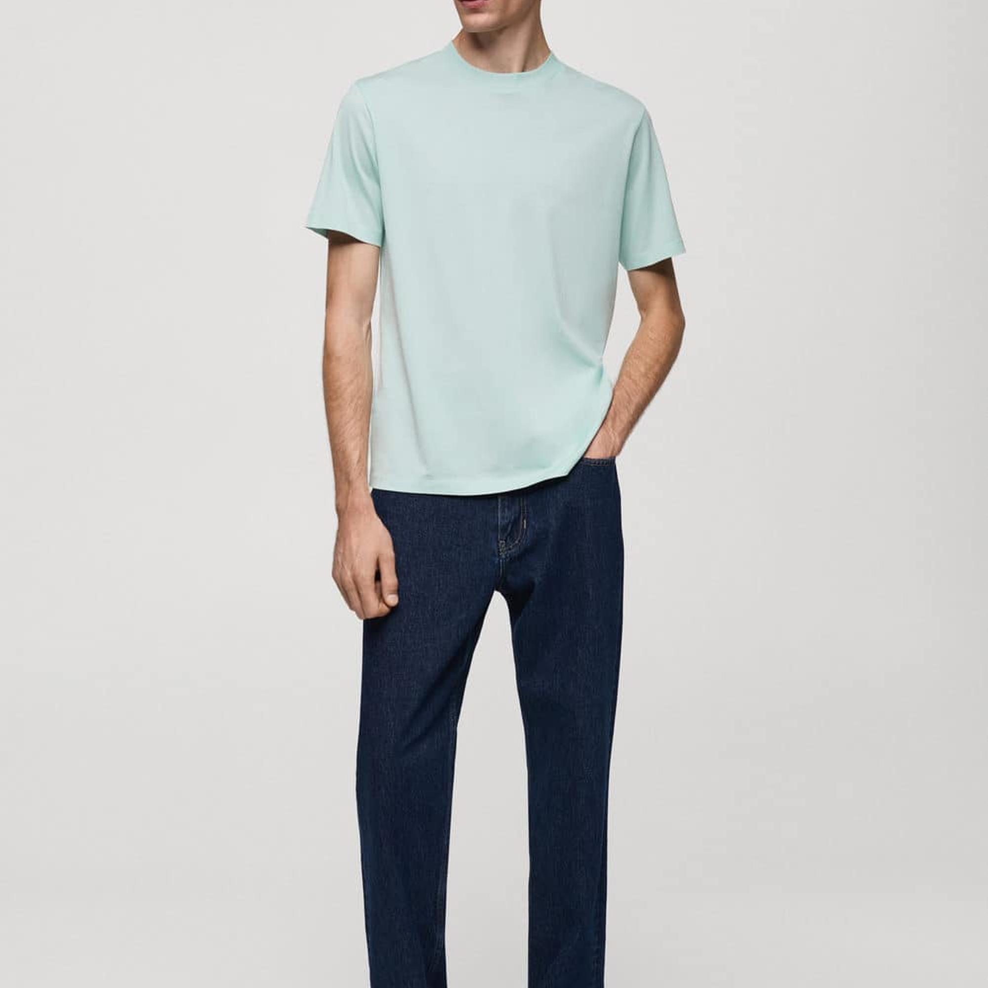 Mango Erkek %100 Pamuklu Dar Kesim Tişört Su Yeşili