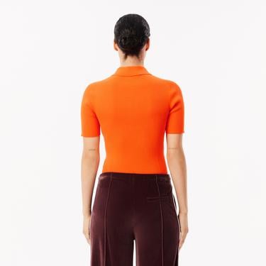  Kadın Slim Fit Polo Yaka Turuncu Triko