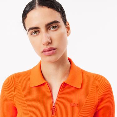  Kadın Slim Fit Polo Yaka Turuncu Triko