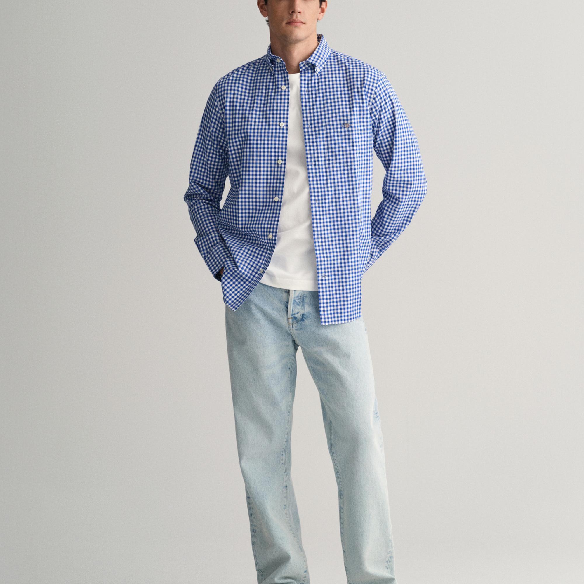 GANT Erkek Mavi Regular Fit Düğmeli Yaka Kareli Gömlek