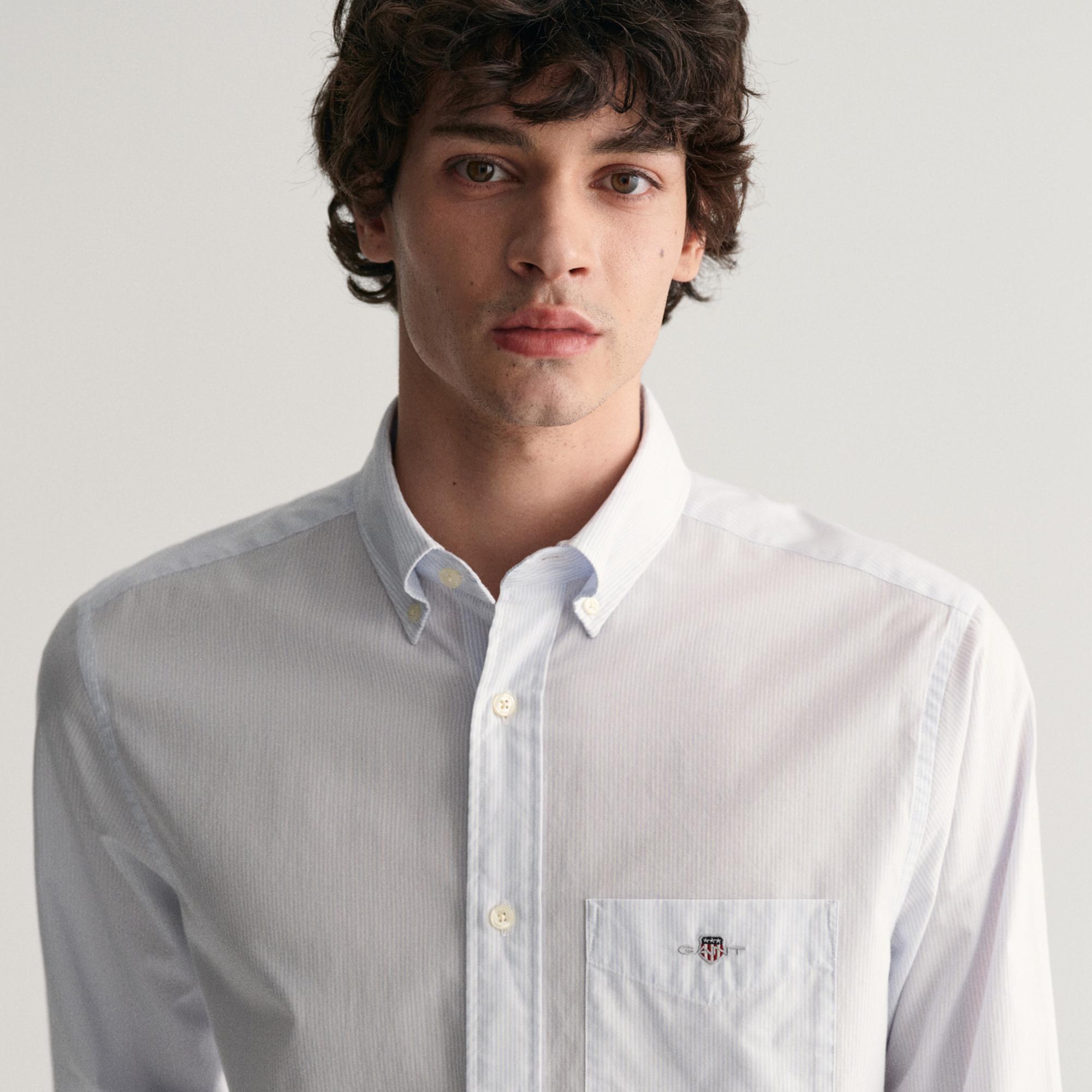 GANT Erkek Mavi Regular Fit Çizgili Düğmeli Yaka Gömlek