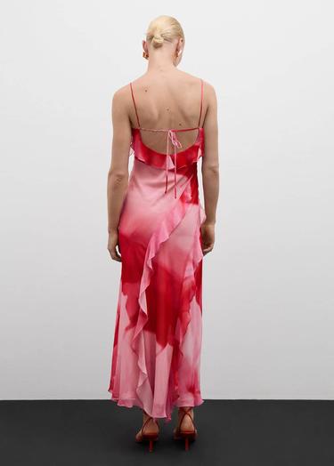  Mango Kadın Yırtmaçlı Fırfırlı Elbise Pembe