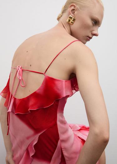  Mango Kadın Yırtmaçlı Fırfırlı Elbise Pembe