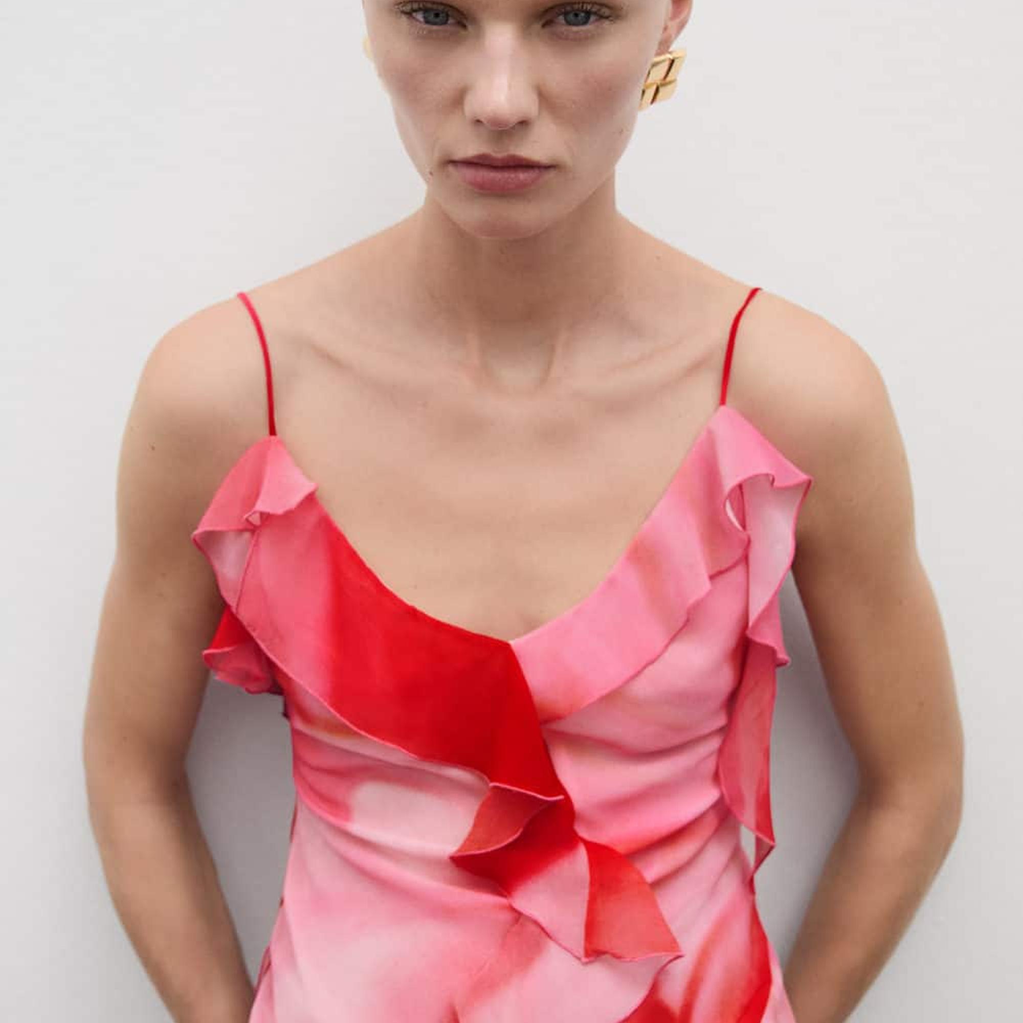 Mango Kadın Yırtmaçlı Fırfırlı Elbise Pembe