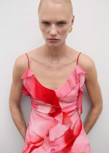  Mango Kadın Yırtmaçlı Fırfırlı Elbise Pembe