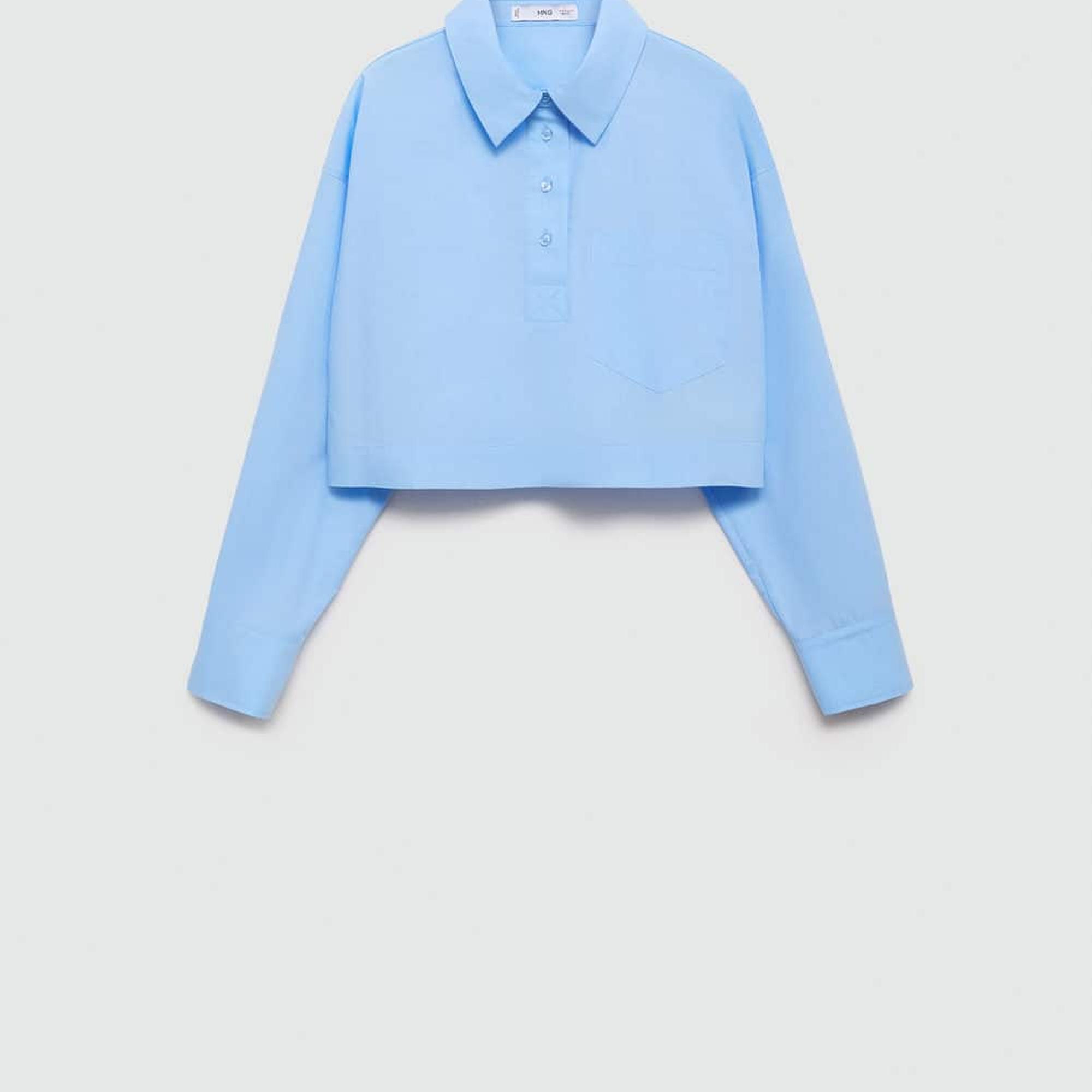 Mango Kadın Polo Yaka Kısa Gömlek Gök Mavisi