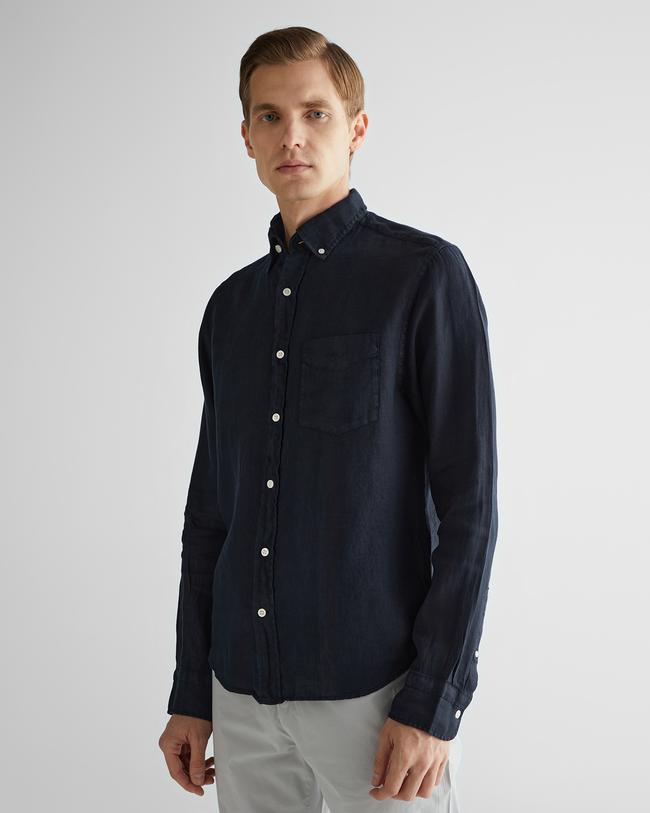  GANT Erkek Siyah Regular Fit Düğmeli Yaka Keten Gömlek