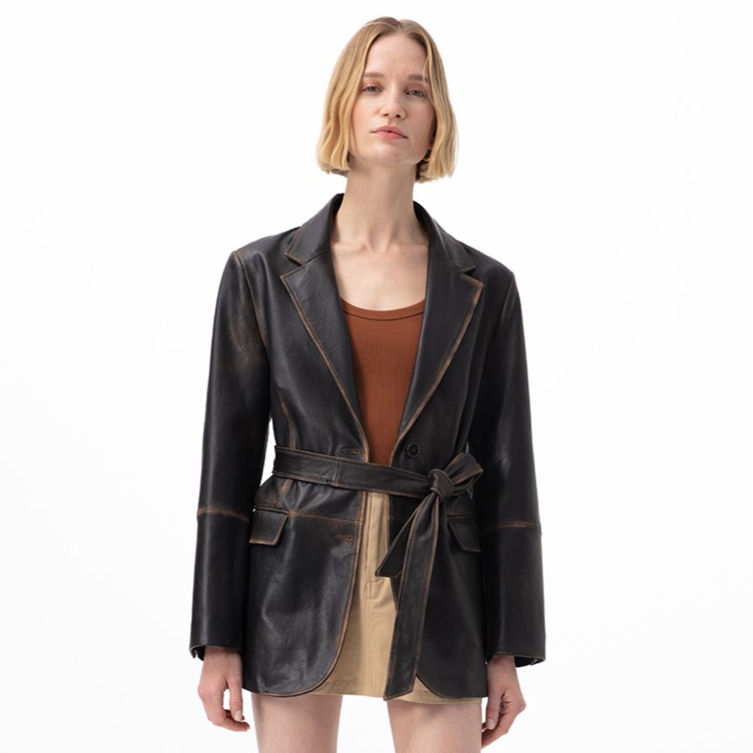  Becka Kahve Kadın Eskitme Blazer Deri Ceket