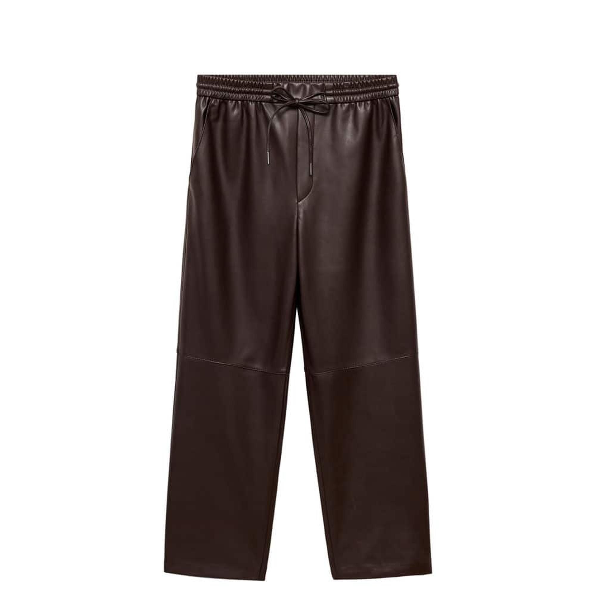 Mango Kadın Deri Görünümlü Beli Elastik Pantolon Çikolata