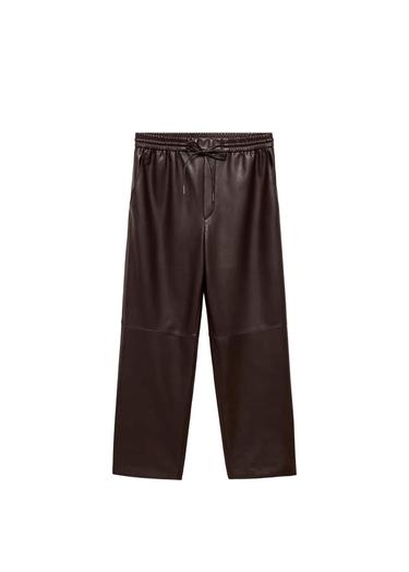  Mango Kadın Deri Görünümlü Beli Elastik Pantolon Çikolata