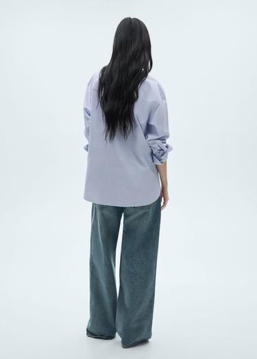  Mango Kadın Çizgili Pamuklu Gömlek Gök Mavisi