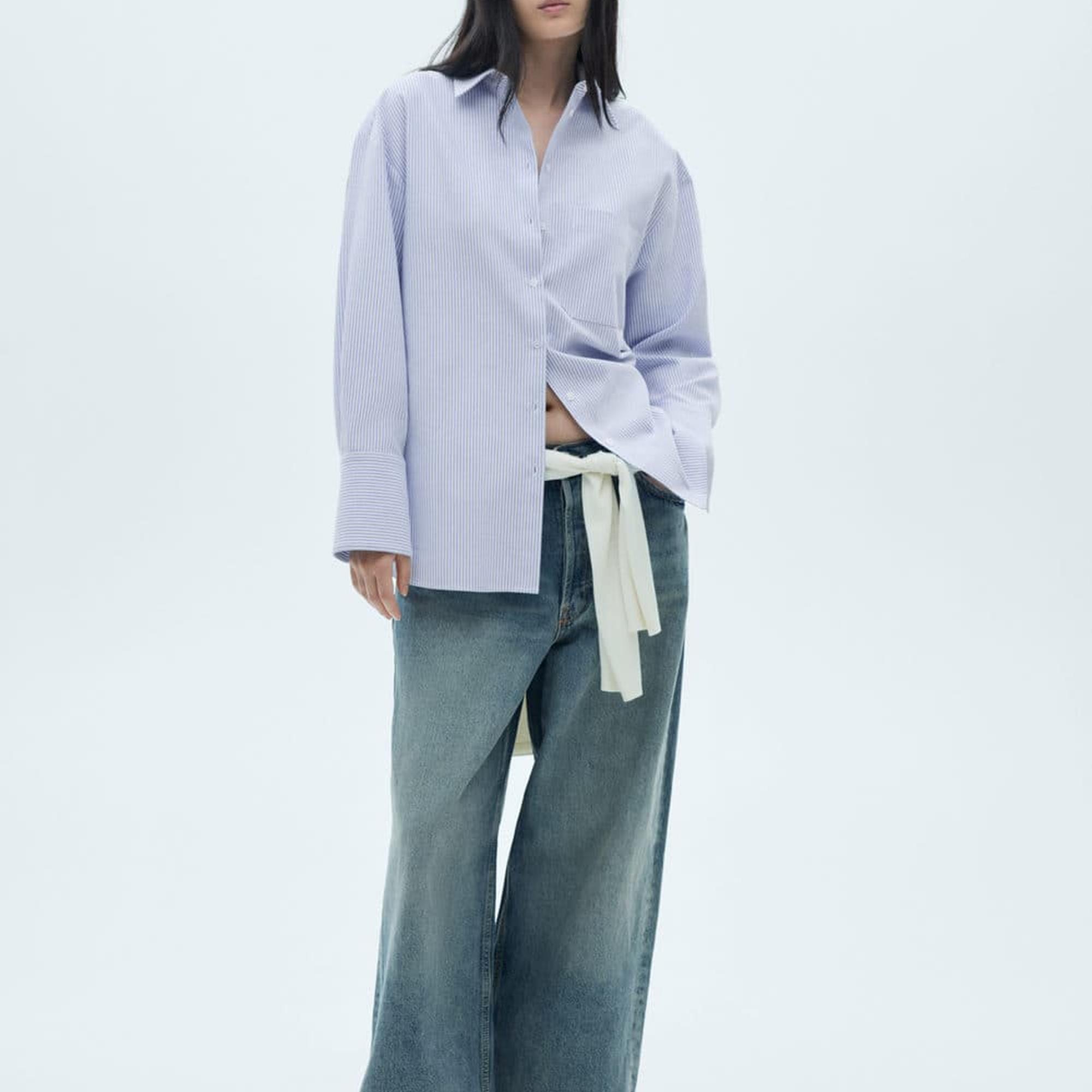 Mango Kadın Çizgili Pamuklu Gömlek Gök Mavisi