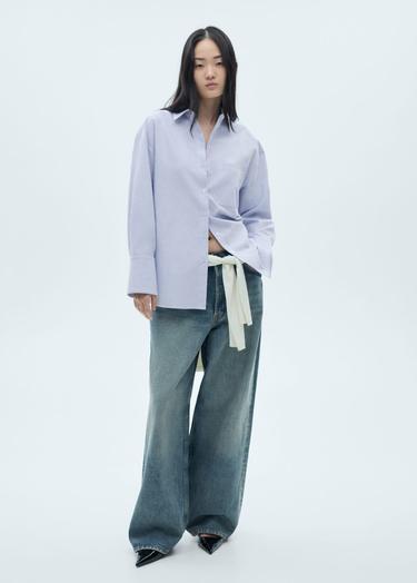  Mango Kadın Çizgili Pamuklu Gömlek Gök Mavisi