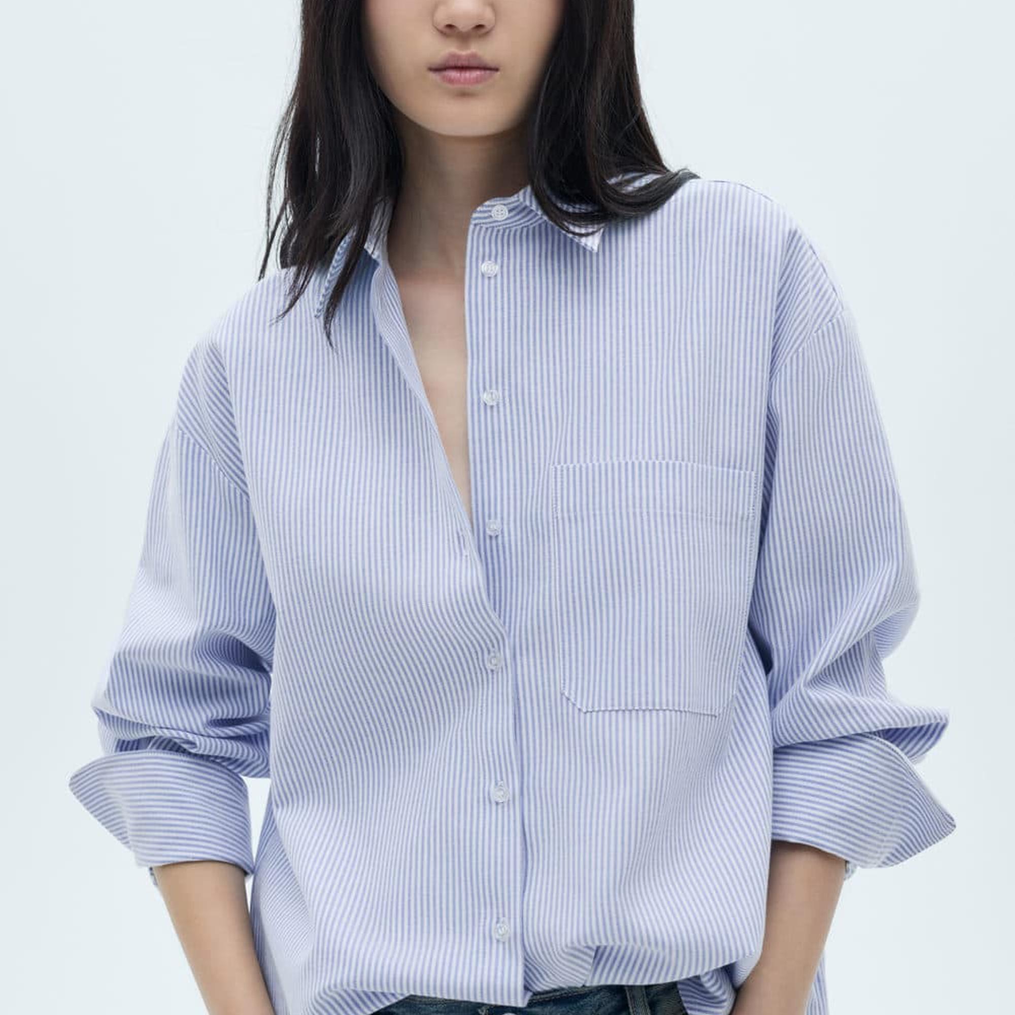 Mango Kadın Çizgili Pamuklu Gömlek Gök Mavisi