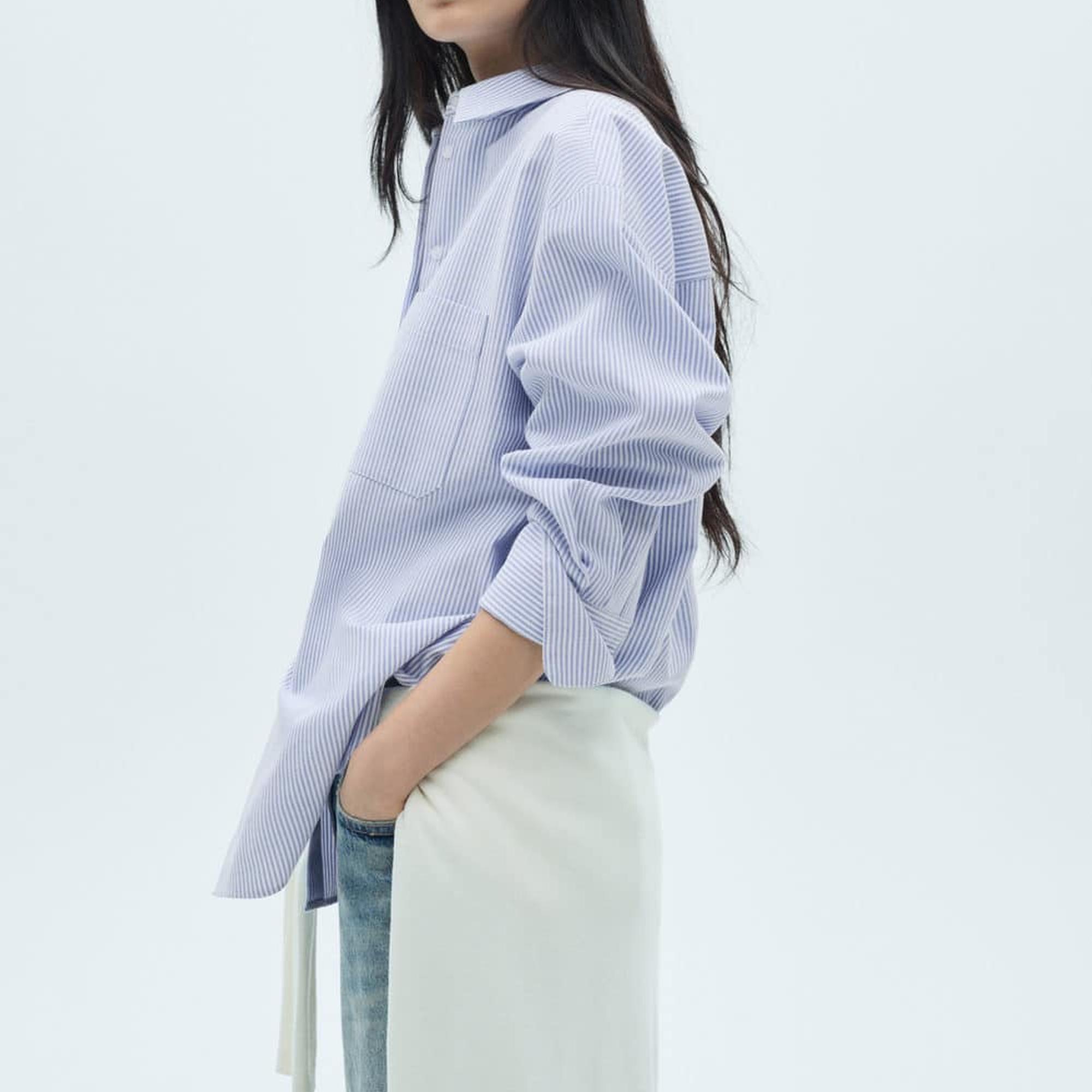 Mango Kadın Çizgili Pamuklu Gömlek Gök Mavisi