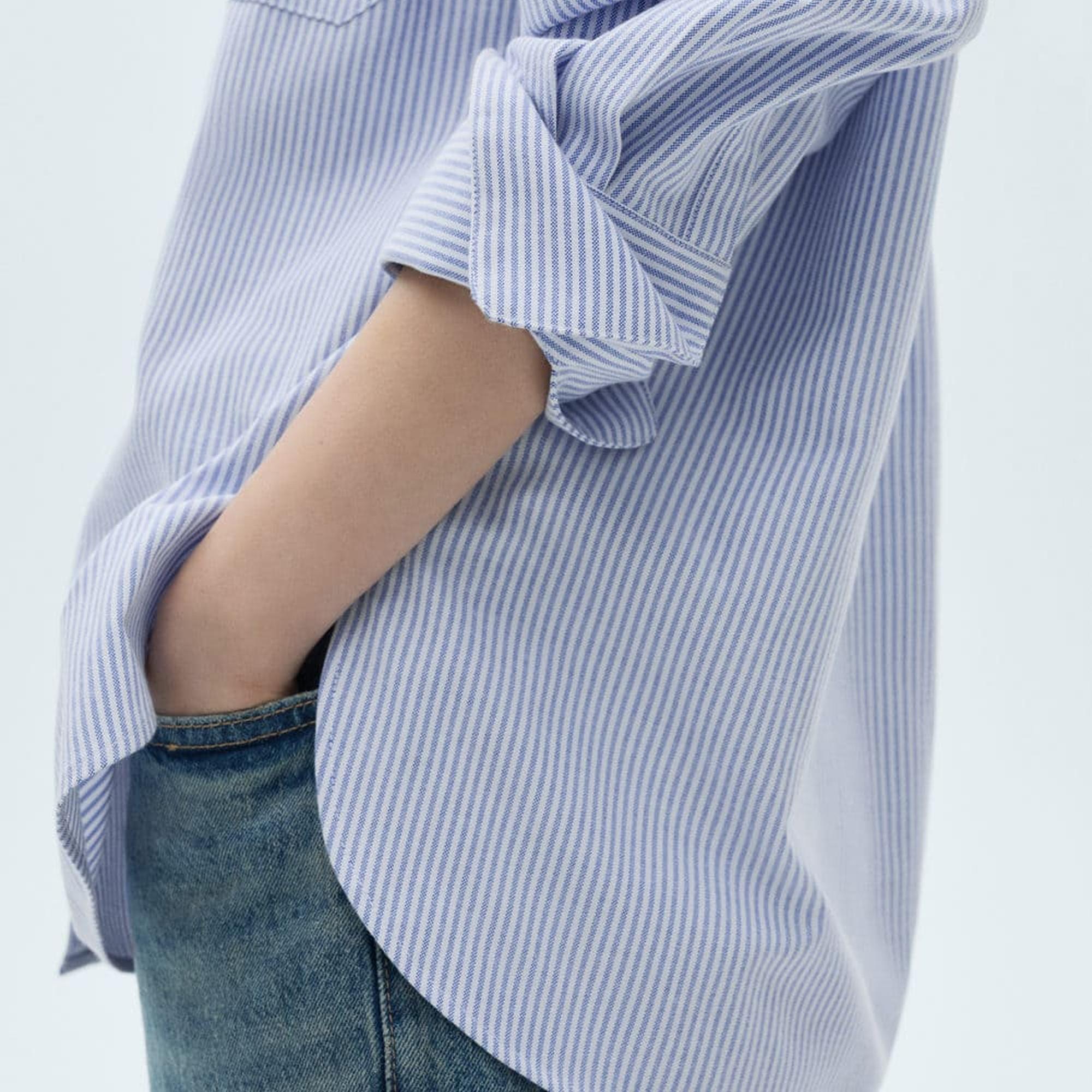 Mango Kadın Çizgili Pamuklu Gömlek Gök Mavisi