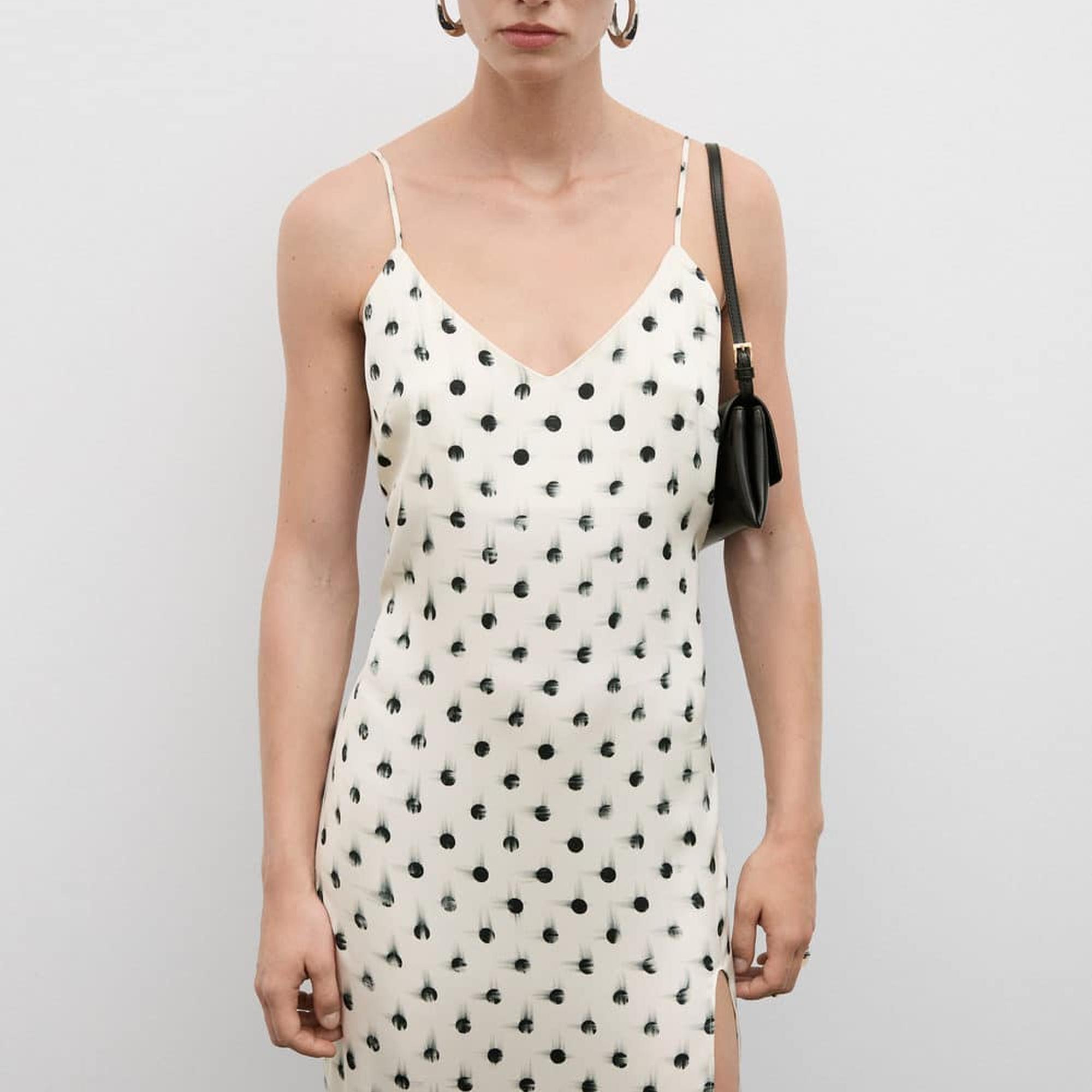 Mango Kadın Desenli Cut-out Detaylı Elbise Ekru