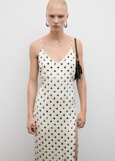  Mango Kadın Desenli Cut-out Detaylı Elbise Ekru