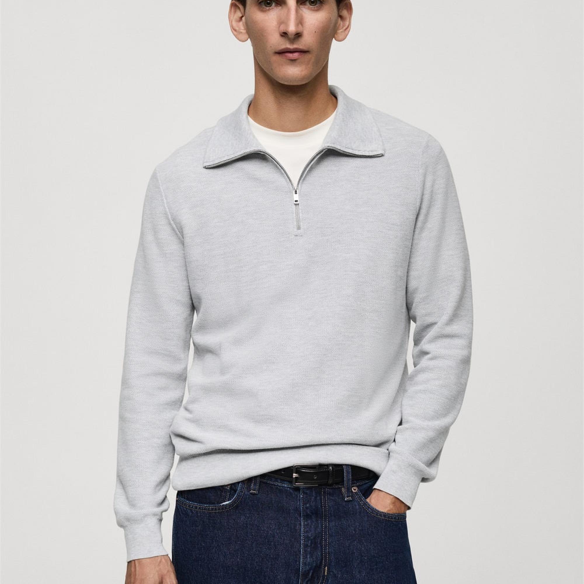 Mango Erkek Fermuarlı Balıkçı Yaka Kalıplı Kazak Orta Kırçıllı Gri