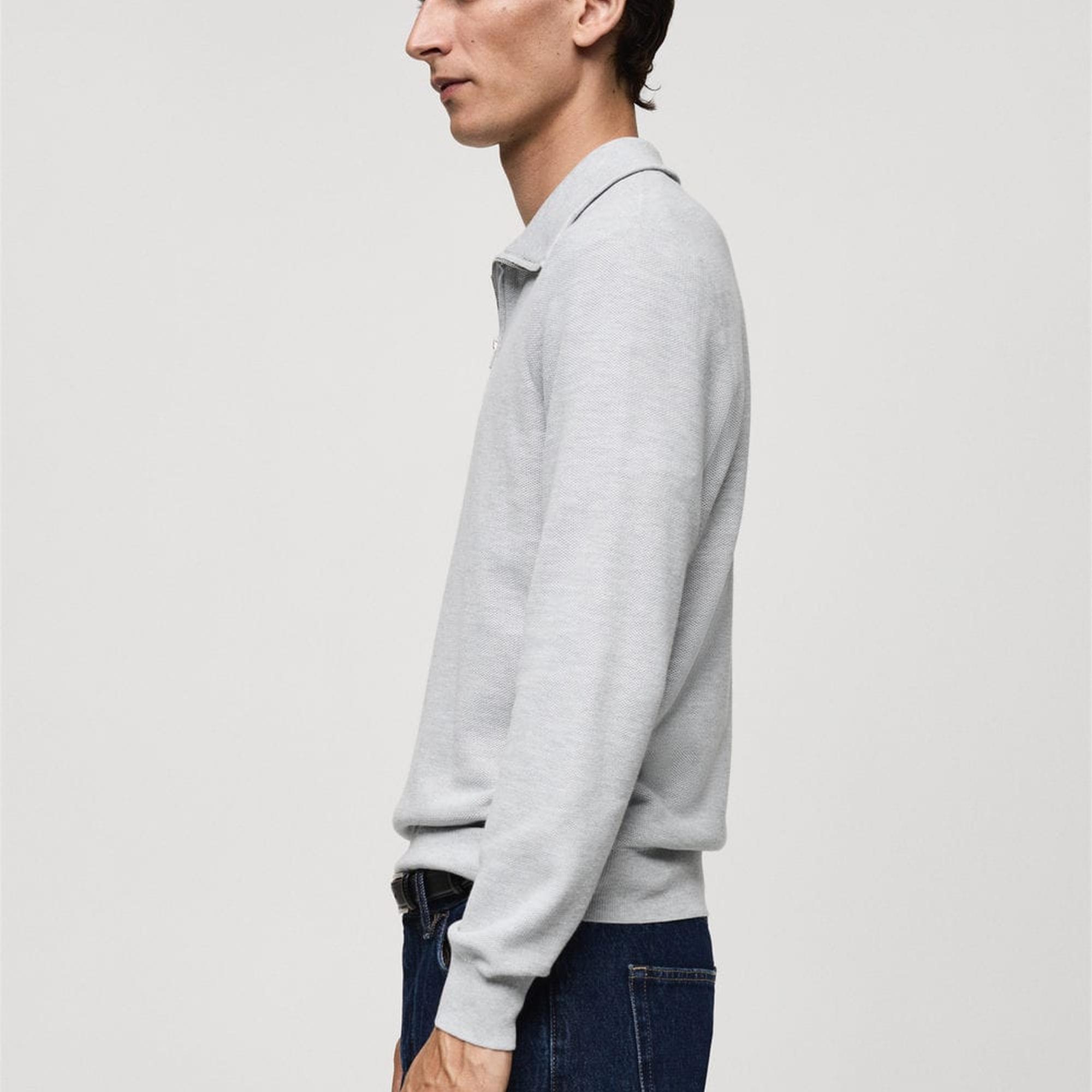 Mango Erkek Fermuarlı Balıkçı Yaka Kalıplı Kazak Orta Kırçıllı Gri