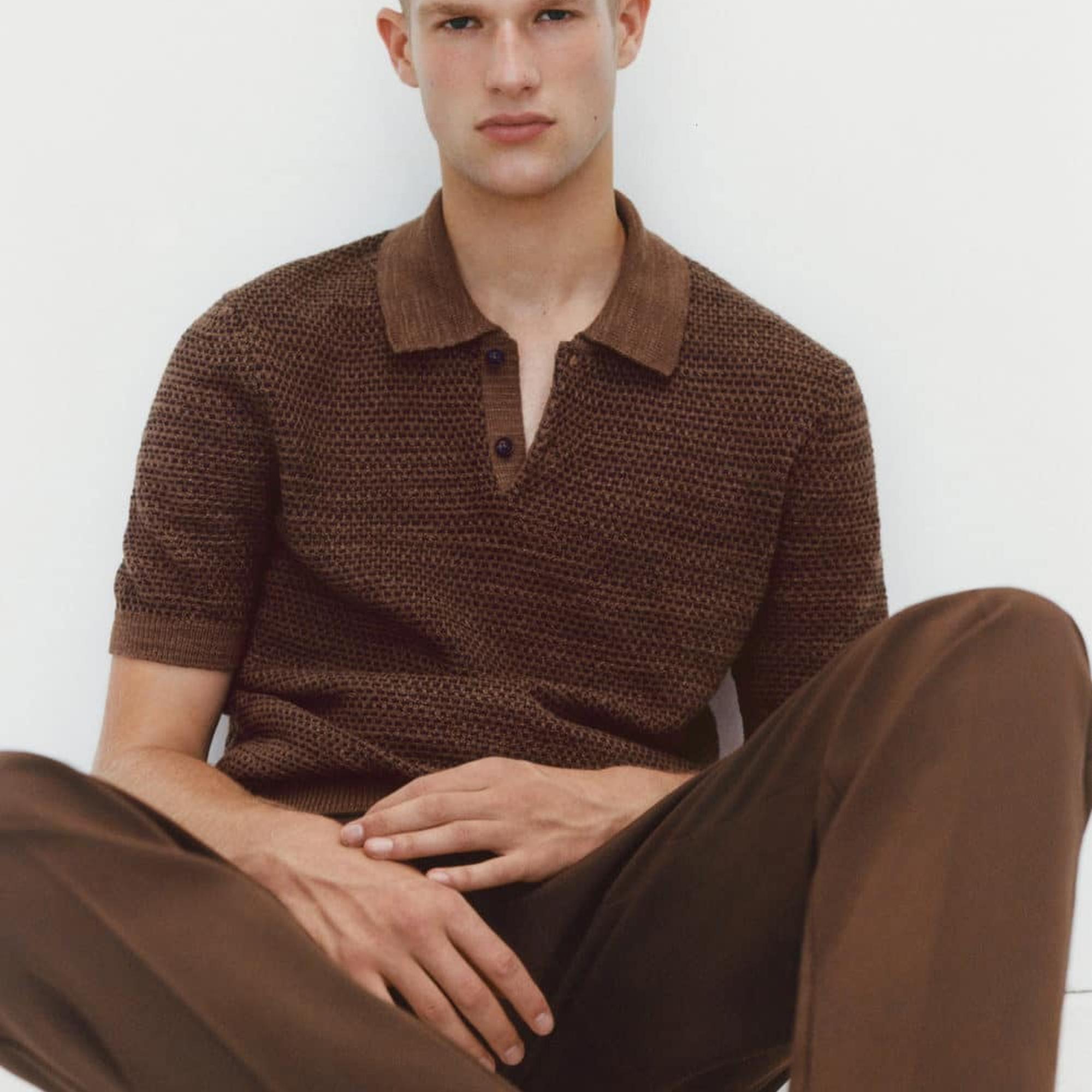 Mango Erkek Pamuklu Triko Polo Gömlek Kahverengi