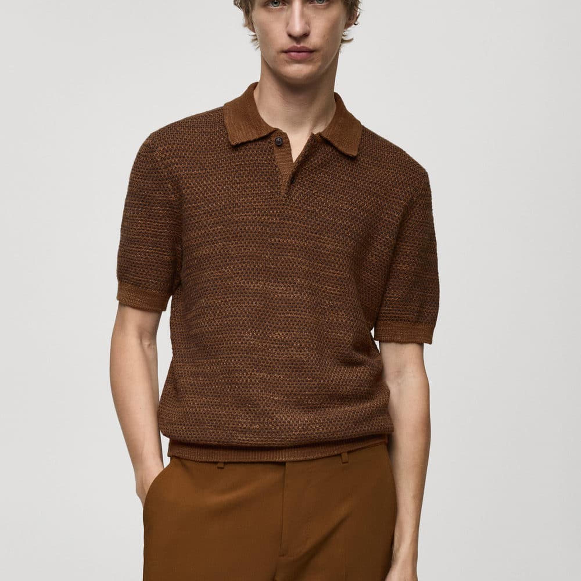 Mango Erkek Pamuklu Triko Polo Gömlek Kahverengi