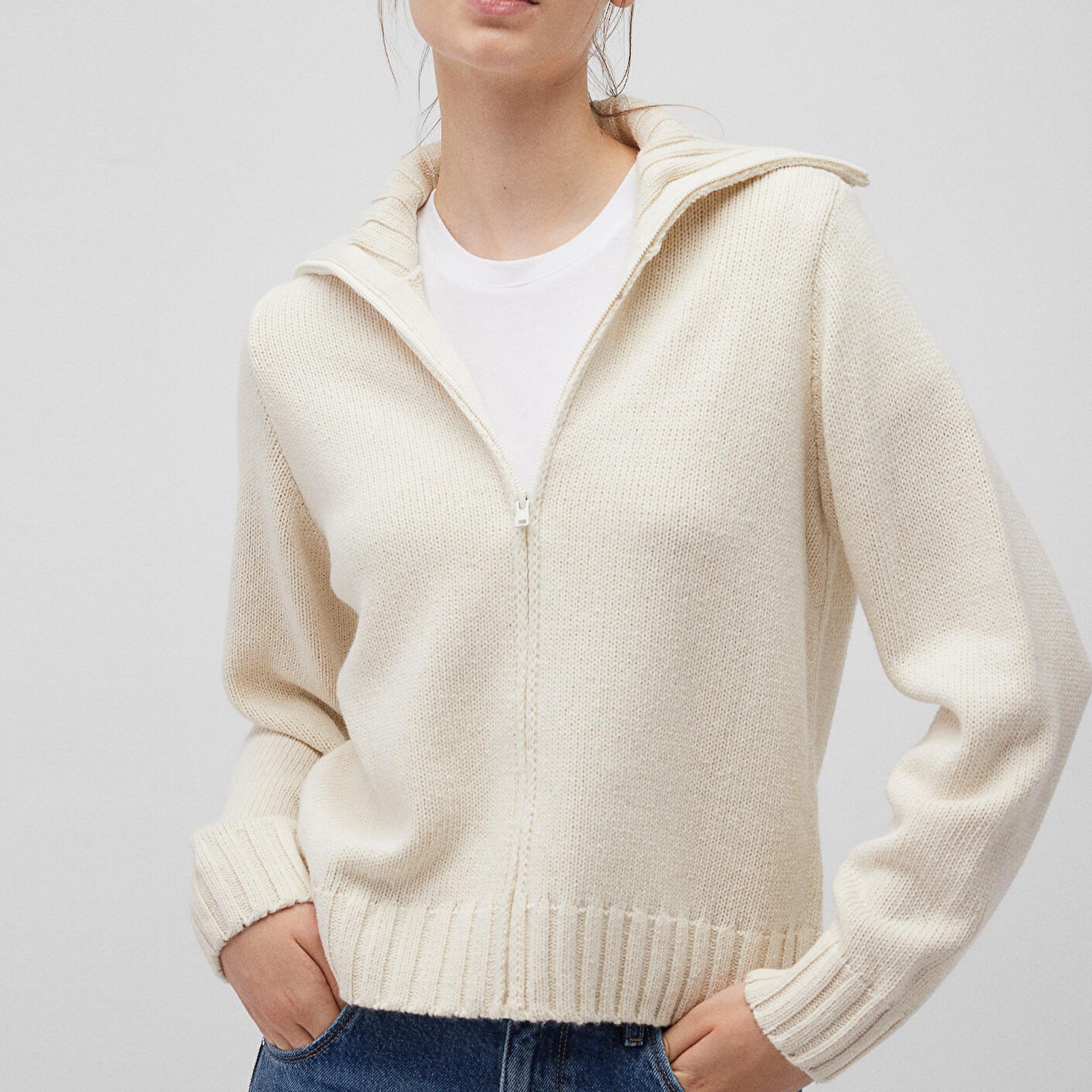 Mavi Yün Karışımlı Fermuarlı Ekru Hırka Regular Fit / Normal Kesim 1710482-70057