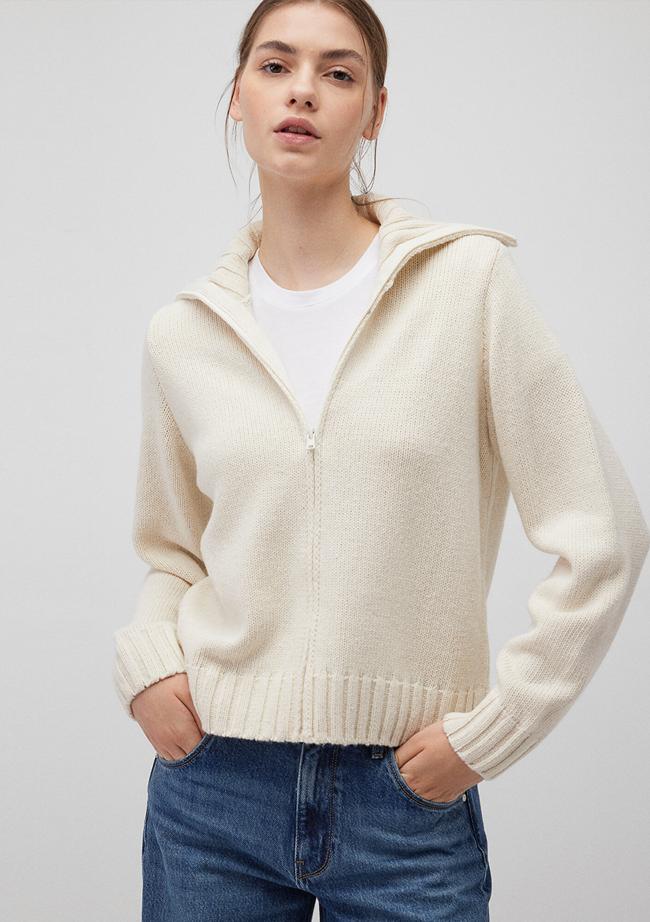  Mavi Yün Karışımlı Fermuarlı Ekru Hırka Regular Fit / Normal Kesim 1710482-70057