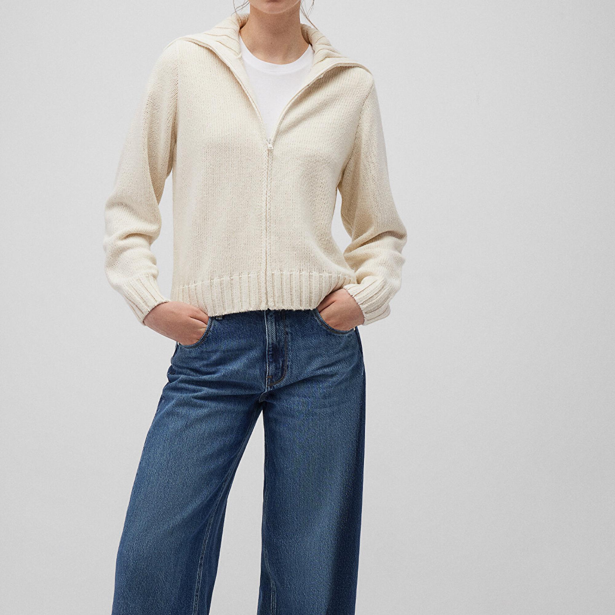 Mavi Yün Karışımlı Fermuarlı Ekru Hırka Regular Fit / Normal Kesim 1710482-70057