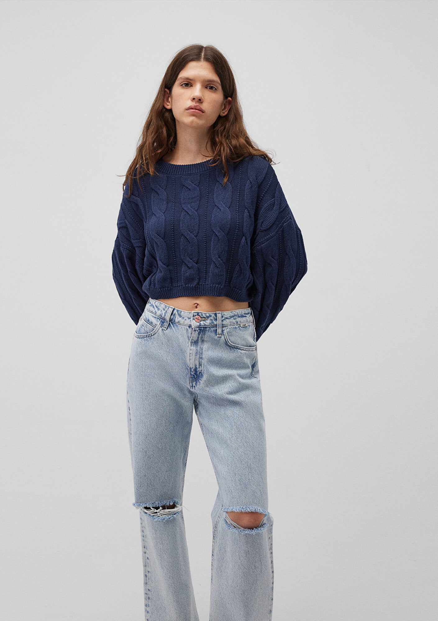  Mavi Bisiklet Yaka Lacivert Kazak Crop / Kısa Kesim 1710477-82454