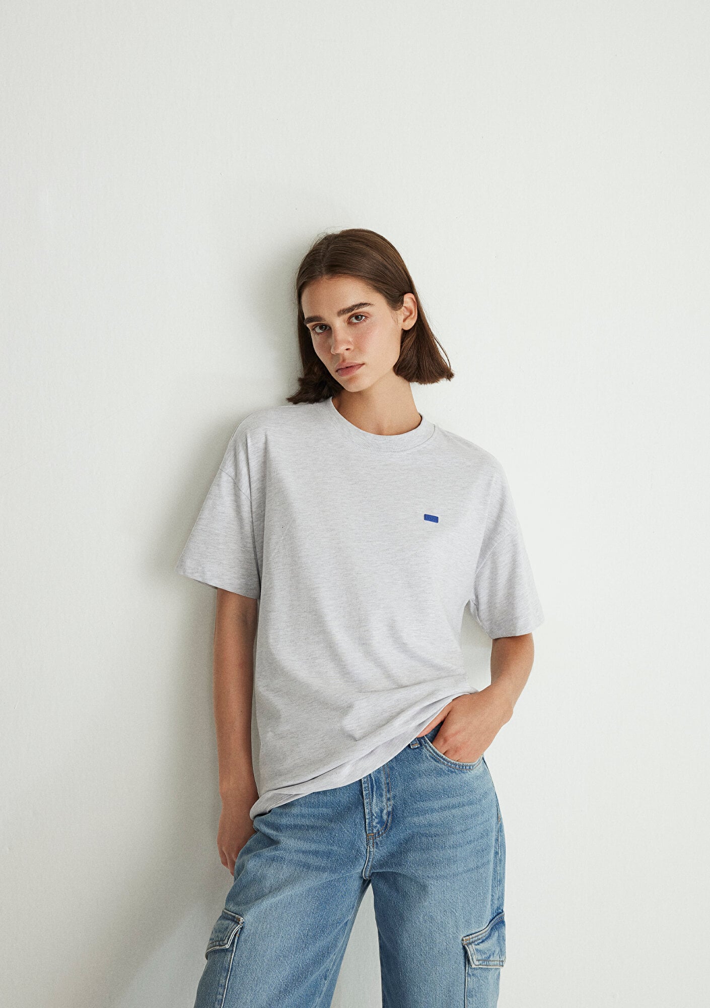  Mavi Bisiklet Yaka Basic Gri Tişört Loose Fit / Bol Rahat Kesim 1612188-80196