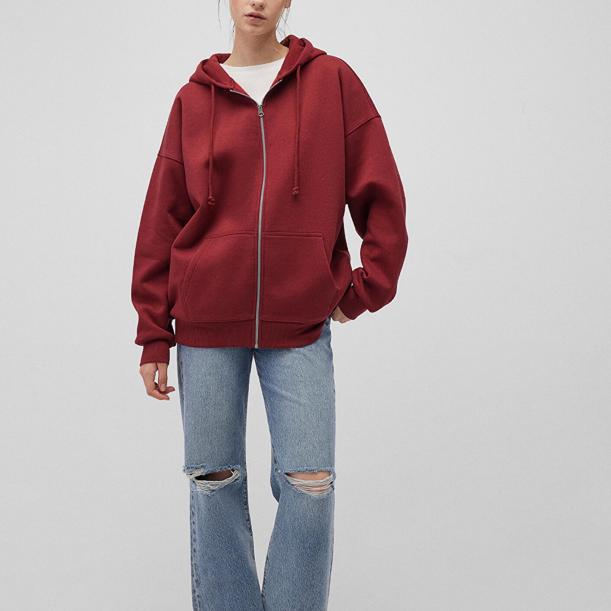 Mavi Kapüşonlu Fermuarlı Bordo Sweatshirt 1610221-85493