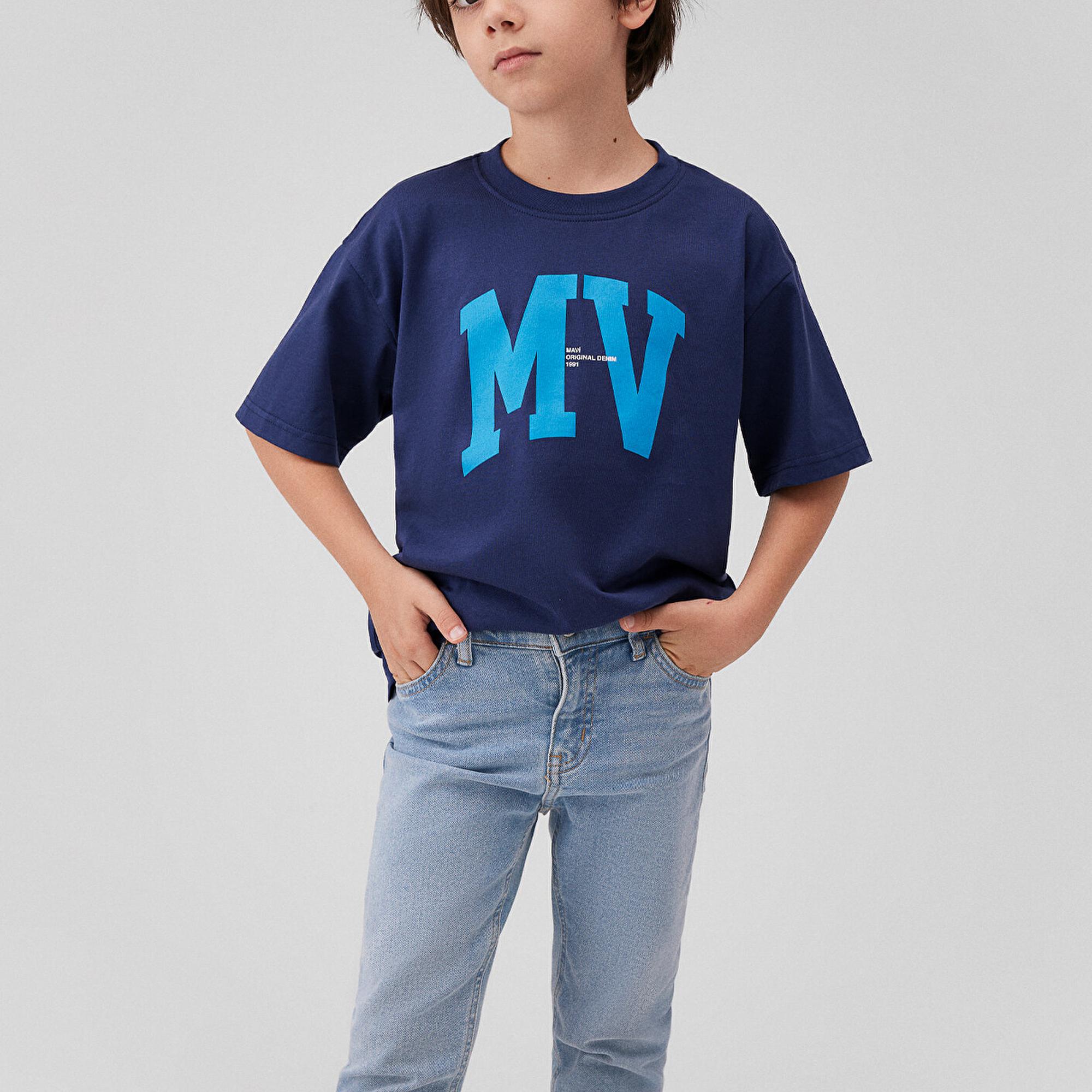 Mavi MV Logo Baskılı Lacivert Tişört Loose Fit / Bol Rahat Kesim 6610213-70491