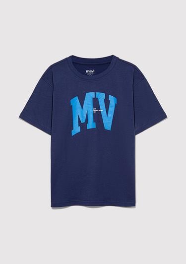  Mavi MV Logo Baskılı Lacivert Tişört Loose Fit / Bol Rahat Kesim 6610213-70491